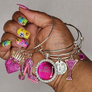 I Am A Goddess Dark Pink Affirmation Manifestation Silver Bangle Set